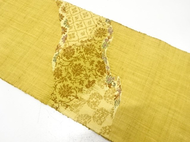 手織り真綿紬　道長取りに唐花模様織り出し　名古屋帯